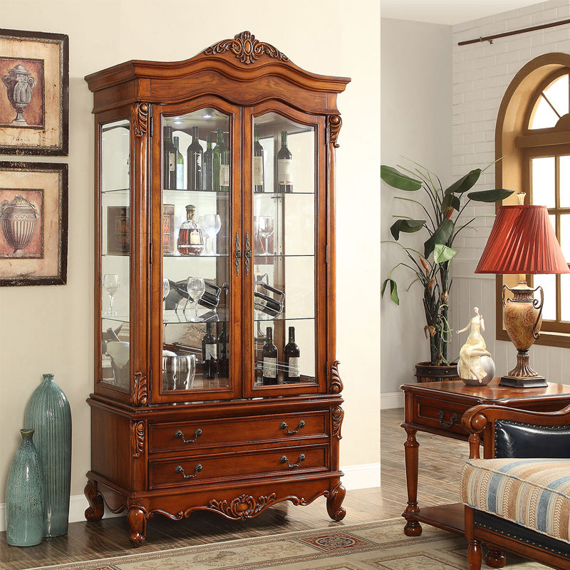 Traditional Glass Doors Curio Cabinet Rubberwood Storage Cabinet for Dining Room