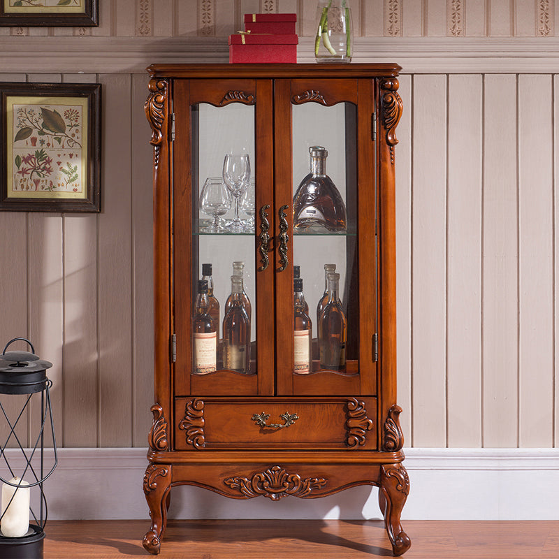 Traditional Glass Doors Curio Cabinet Rubberwood Storage Cabinet for Dining Room