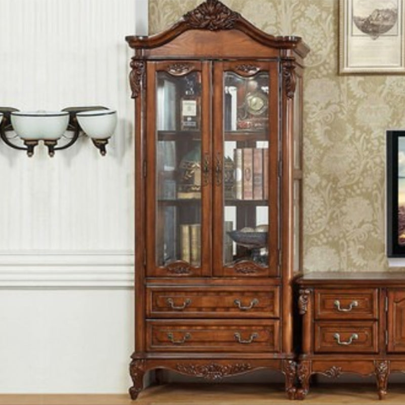 Traditional Glass Doors Curio Cabinet Rubberwood Storage Cabinet for Dining Room