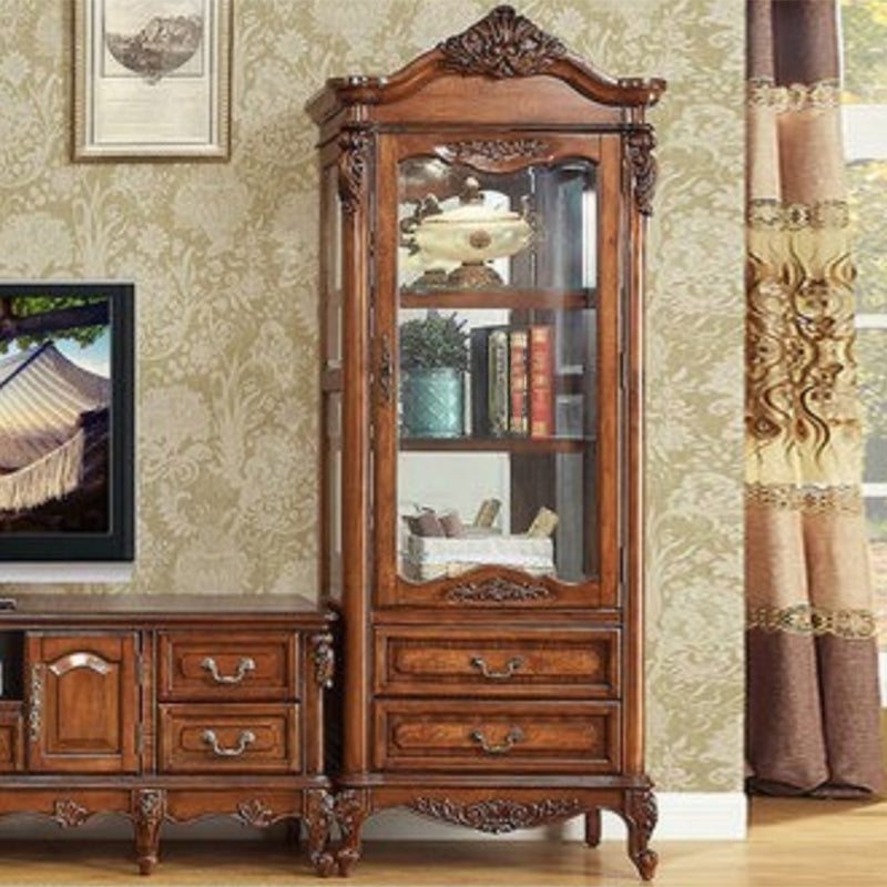 Traditional Glass Doors Curio Cabinet Rubberwood Storage Cabinet for Dining Room