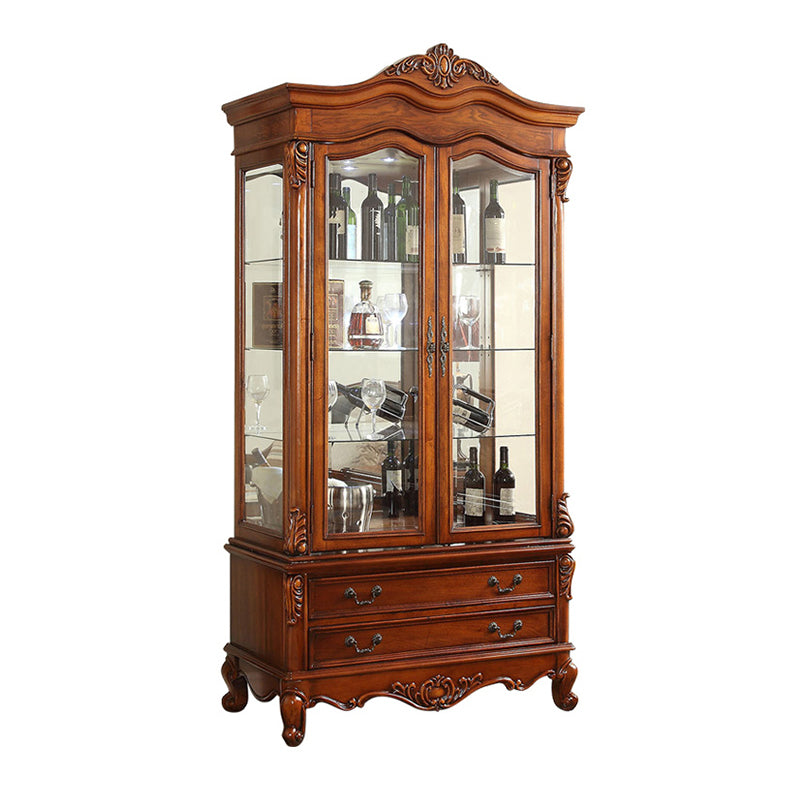 Traditional Glass Doors Curio Cabinet Rubberwood Storage Cabinet for Dining Room