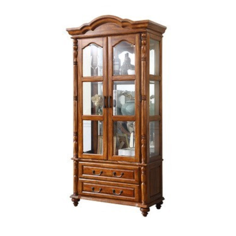 Traditional Glass Doors Curio Cabinet Rubberwood Storage Cabinet for Dining Room