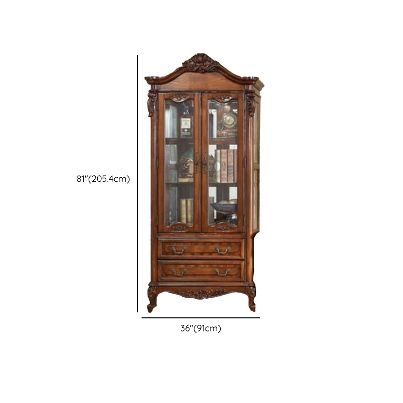 Traditional Glass Doors Curio Cabinet Rubberwood Storage Cabinet for Dining Room