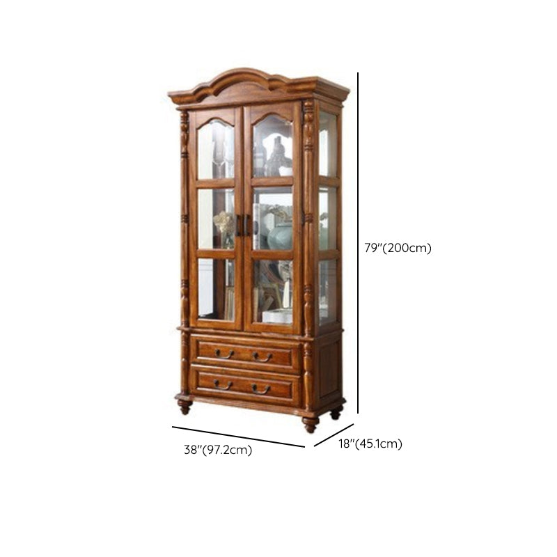 Traditional Glass Doors Curio Cabinet Rubberwood Storage Cabinet for Dining Room