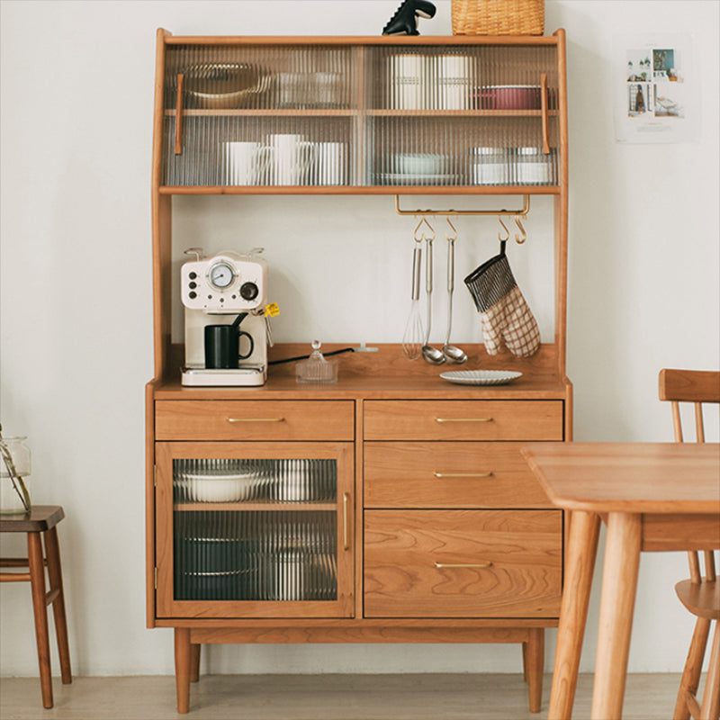 Modern Pine Dining Hutch Glass Doors Storage Cabinet for Dining Room