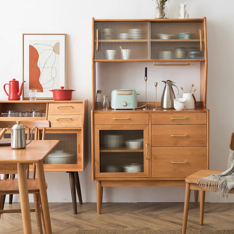 Modern Pine Dining Hutch Glass Doors Storage Cabinet for Dining Room