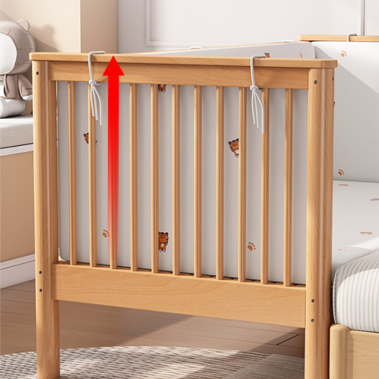 Contemporary Washed Natural Nursery Bed Solid Wood with 3 Guardrail