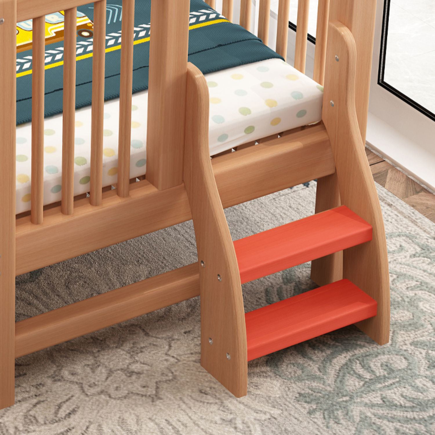 Contemporary Washed Natural Nursery Crib Solid Wood with Guardrail