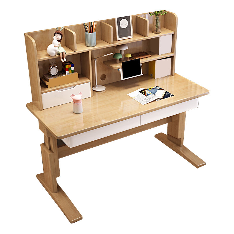 Adjustable Wooden Kids Desk with Hutch Natural Writing Desk and Chair Set with Drawer