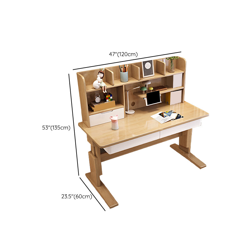 Adjustable Wooden Kids Desk with Hutch Natural Writing Desk and Chair Set with Drawer