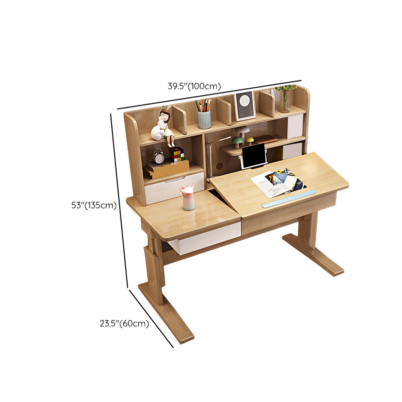 Adjustable Wooden Kids Desk with Hutch Natural Writing Desk and Chair Set with Drawer