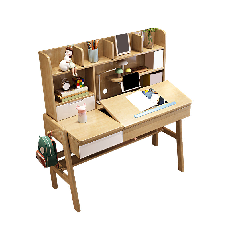 Kids Desk and Chair Set Adjustable Solid Wood Kids Writing Desk with Drawers and Hutch