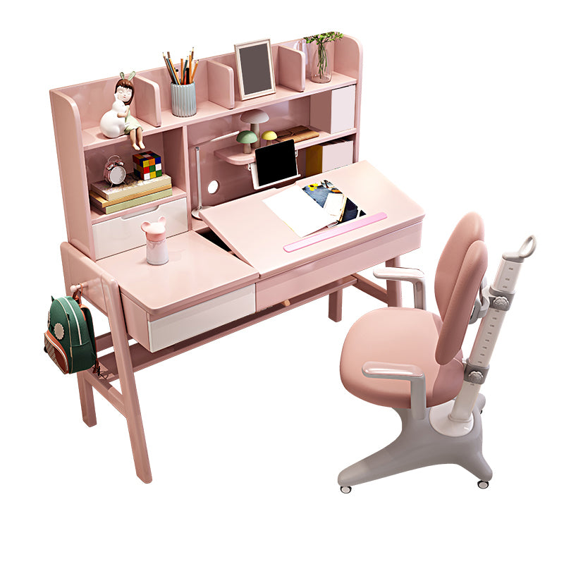 Kids Desk and Chair Set Adjustable Solid Wood Kids Writing Desk with Drawers and Hutch