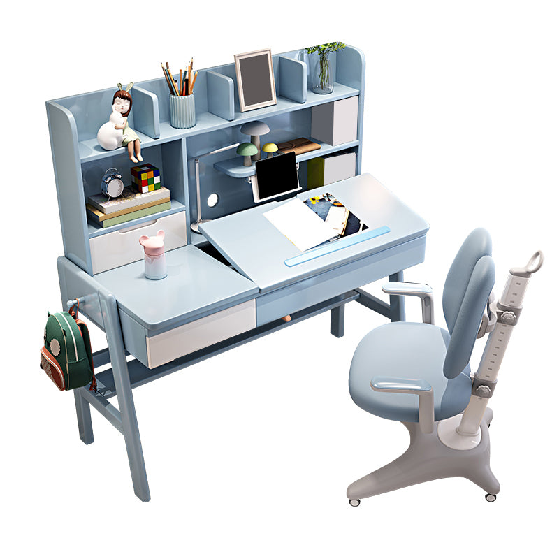 Kids Desk and Chair Set Adjustable Solid Wood Kids Writing Desk with Drawers and Hutch