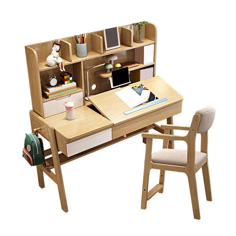 Kids Desk and Chair Set Adjustable Solid Wood Kids Writing Desk with Drawers and Hutch