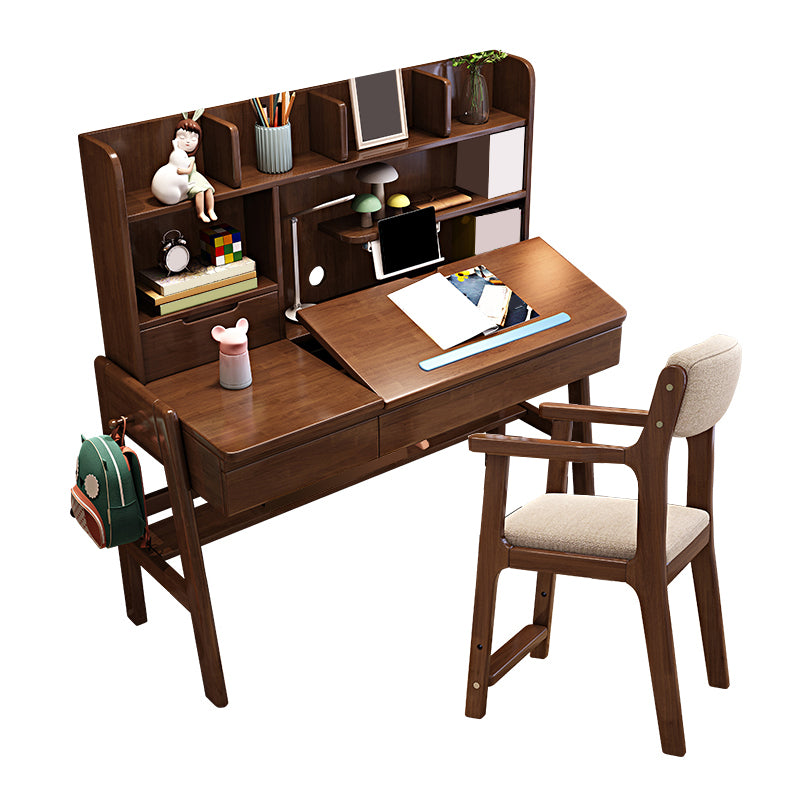 Kids Desk and Chair Set Adjustable Solid Wood Kids Writing Desk with Drawers and Hutch