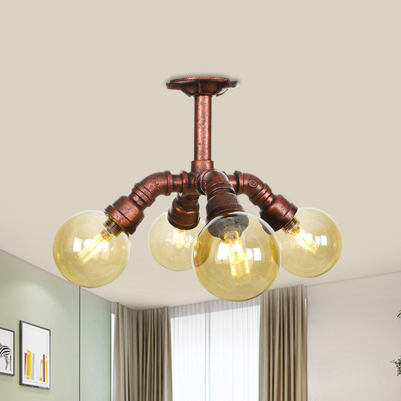 Farmhouse Global Semi Mount Lighting 4/5/6-Light Amber Glass LED Flush Lamp Fixture in Copper