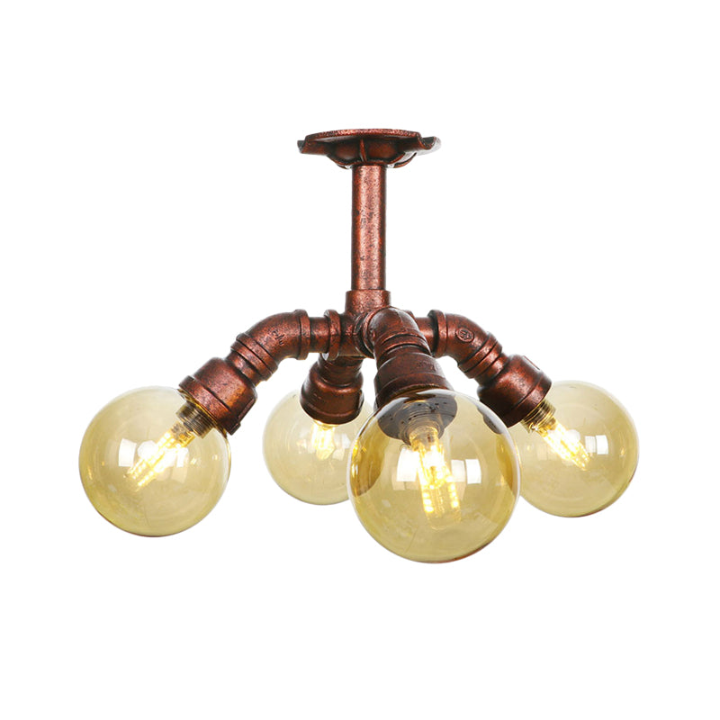 Farmhouse Global Semi Mount Lighting 4/5/6-Light Amber Glass LED Flush Lamp Fixture in Copper