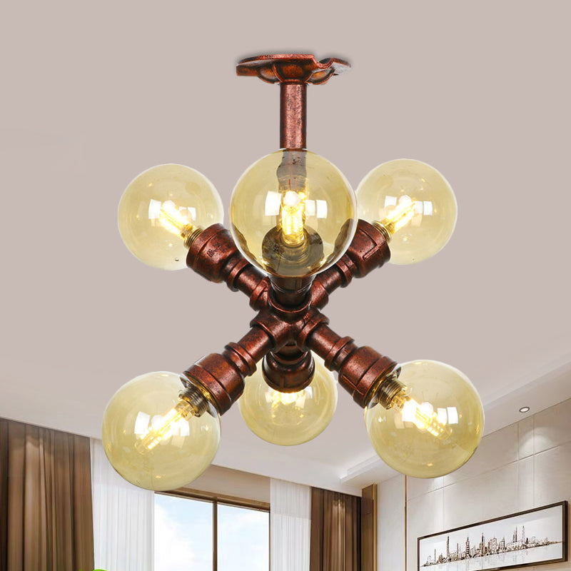 Farmhouse Global Semi Mount Lighting 4/5/6-Light Amber Glass LED Flush Lamp Fixture in Copper