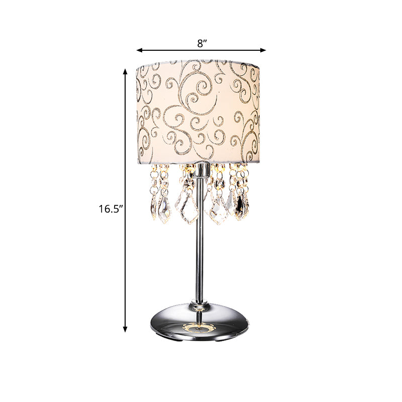 Cylindrical Fabric Night Lamp Modern Stylish 1-Light Bedroom Table Light in Nickel with Swirl Pattern and Crystal Drape