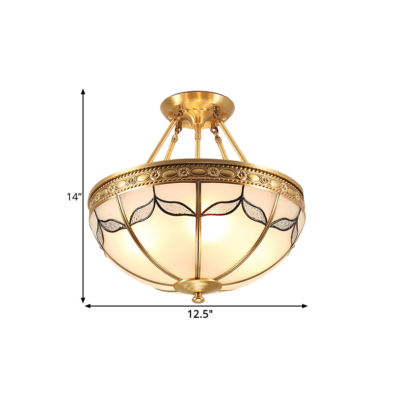 14"/16" W Dome Ceiling Light 3/4 Bulb Opal Glass Leaf Motif Semi Recessed Brass Lighting