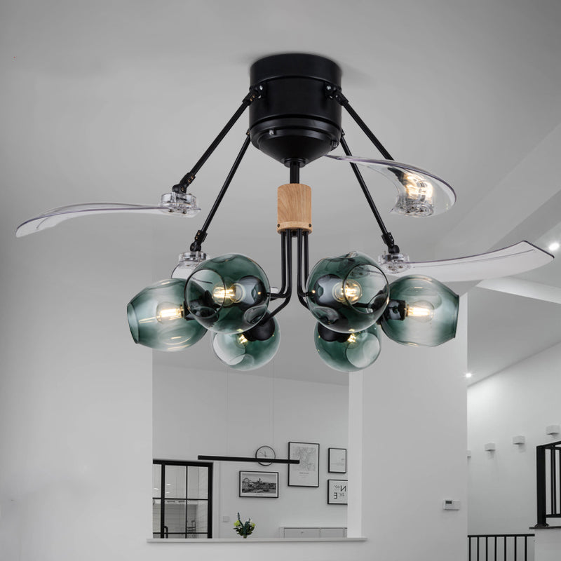 48 "W Bud plafondventilator Licht Modernistisch groen kuiltjes Glass 6 Lichten Zwart Semi Flush Mount Lamp met 3 heldere messen