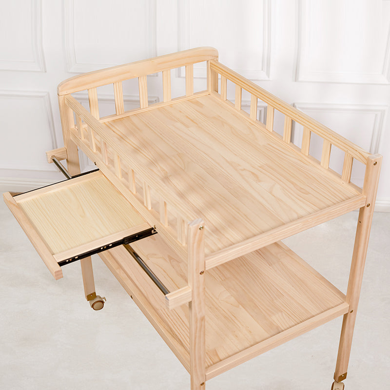 Flat Top Baby Changing Table Solid Wood with Storage Shelf and Wheel