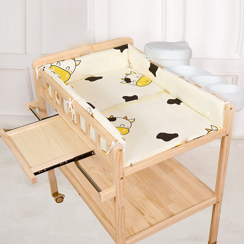 Flat Top Baby Changing Table Solid Wood with Storage Shelf and Wheel