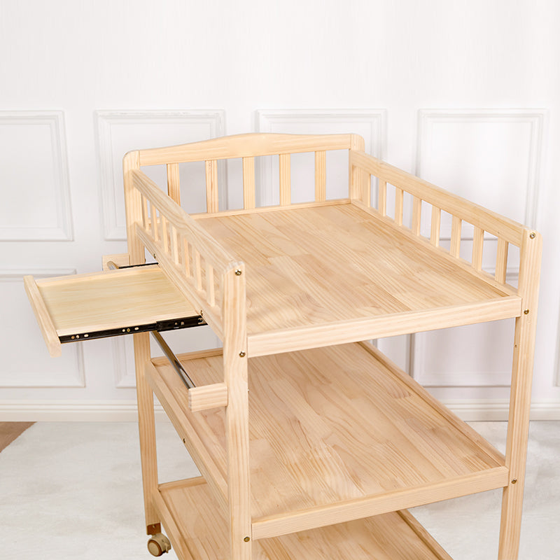 Flat Top Baby Changing Table Solid Wood with Storage Shelf and Wheel