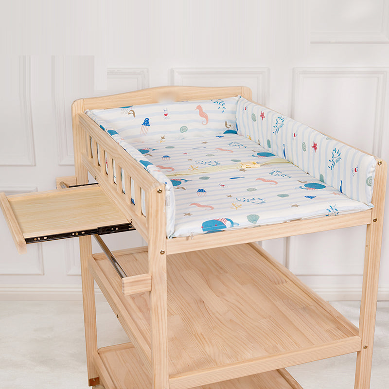 Flat Top Baby Changing Table Solid Wood with Storage Shelf and Wheel