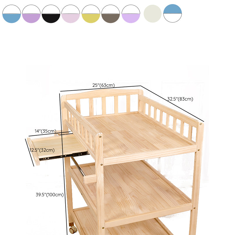 Flat Top Baby Changing Table Solid Wood with Storage Shelf and Wheel