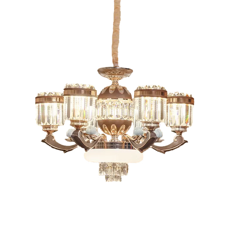 6/8 Lights Chandelier Pendant Light Modern Living Room Ceiling Hang Fixture with Cylinder Crystal Block Shade in Gold