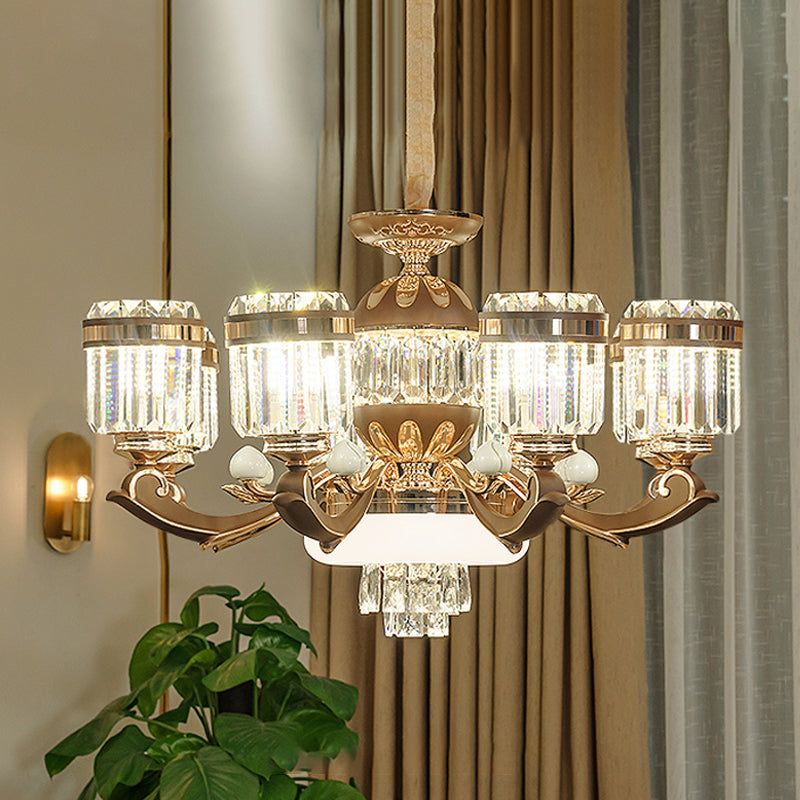 6/8 Lights Chandelier Pendant Light Modern Living Room Ceiling Hang Fixture with Cylinder Crystal Block Shade in Gold