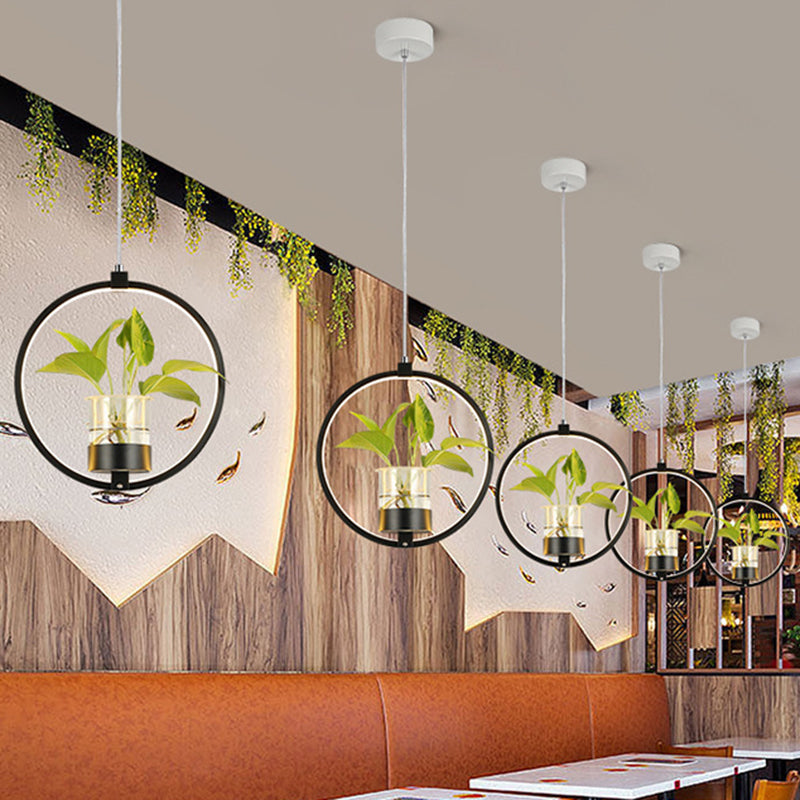 1 Bulb Circle Hanging Pendant Vintage Black/Grey/White Metal LED Ceiling Hang Fixture for Restaurant