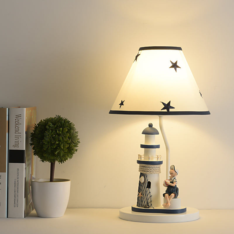 Boy/Girl and Lighthouse Table Light Cartoon Resin 1 Light White/Blue Night Stand Lamp with Tapered Shade