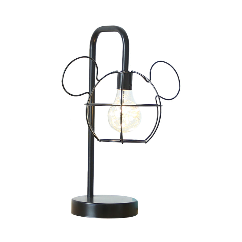 Black Mouse Head Table Lighting Kids Novelty Iron LED Night Stand Light with Gooseneck Arm and Cage Design