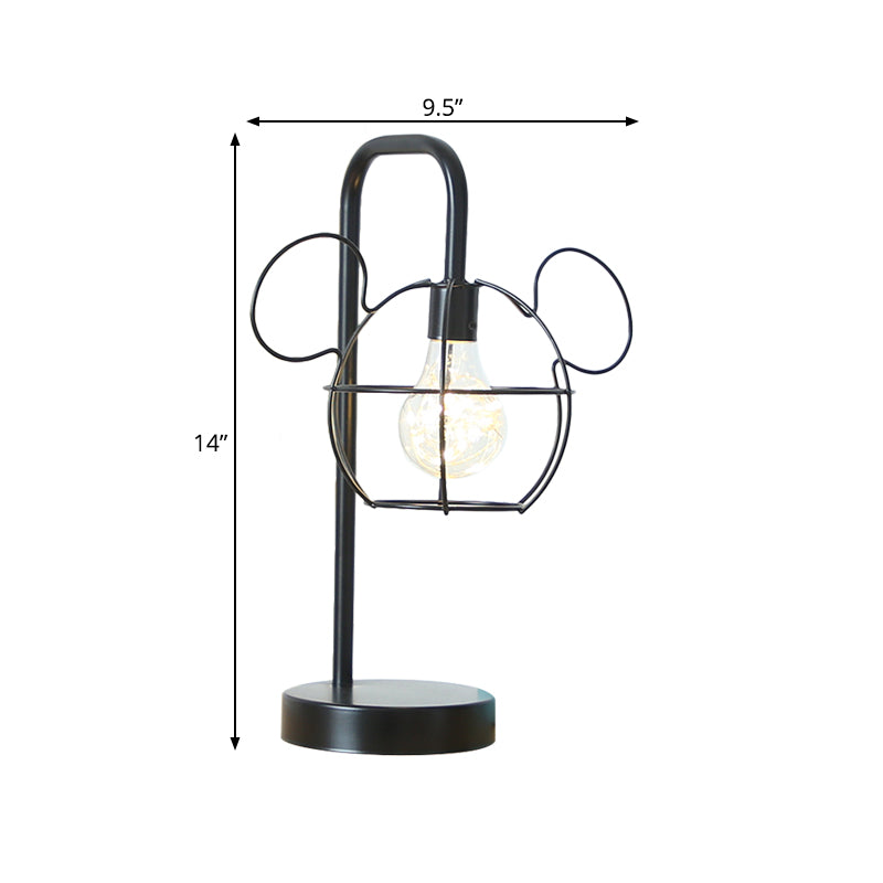 Black Mouse Head Table Lighting Kids Novelty Iron LED Night Stand Light with Gooseneck Arm and Cage Design