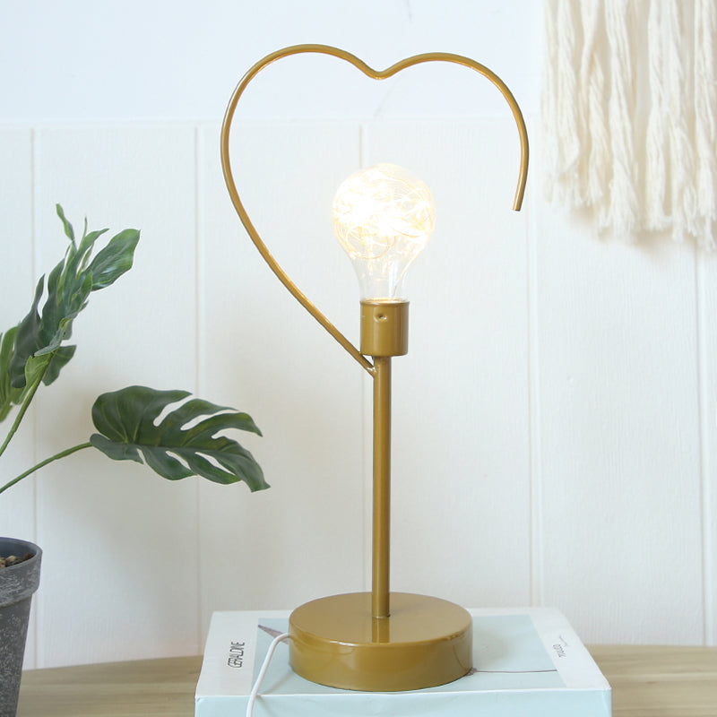 Bedside Plug-In LED Table Lamp Kids Style Black/Gold Nightstand Light with Star/Loving Heart Iron Frame