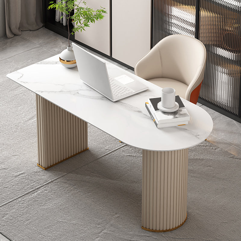 Peninsula Stone Office Desk Glam Style Metal Writing Desk for Office