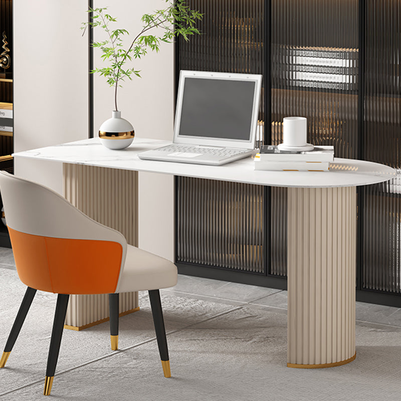 Peninsula Stone Office Desk Glam Style Metal Writing Desk for Office