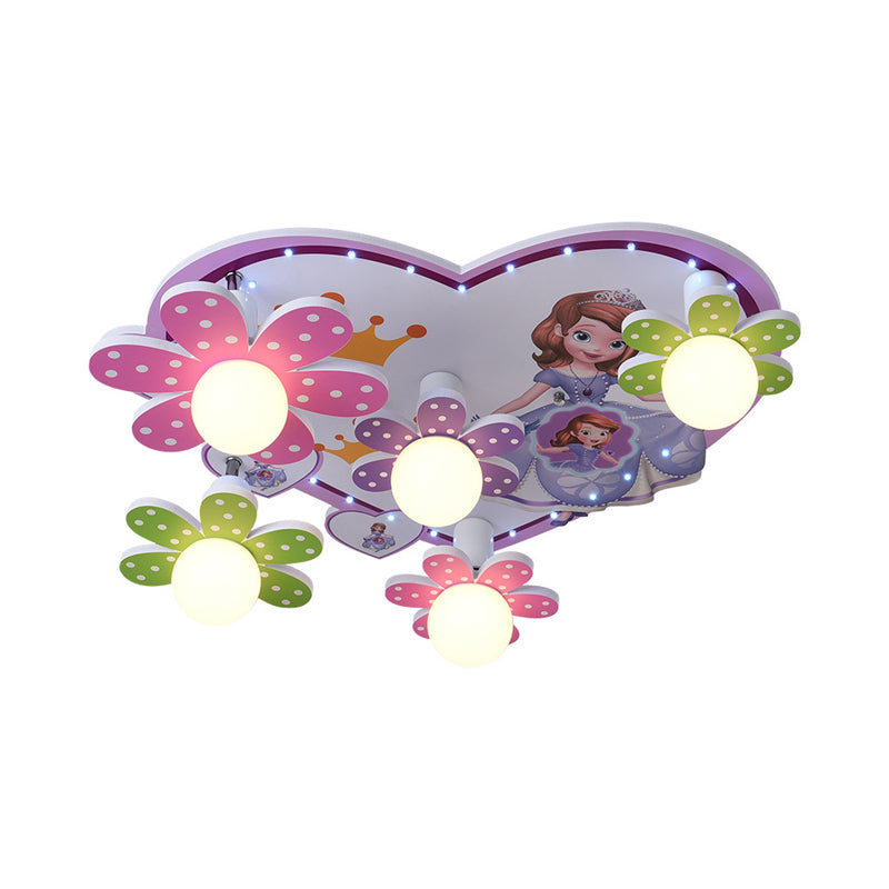 Colored Flower Princess Ceiling Lamp Kids 5-Light Wood Flush Mounted Lighting with Orb White Glass Shade