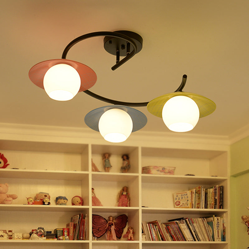 Macaron Swirled Iron Semi Flush Mount 3 Bulbs Ceiling Lighting in Black with Dome Glass Shade and Colored Saucer Cap