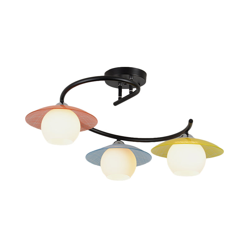 Macaron Swirled Iron Semi Flush Mount 3 Bulbs Ceiling Lighting in Black with Dome Glass Shade and Colored Saucer Cap