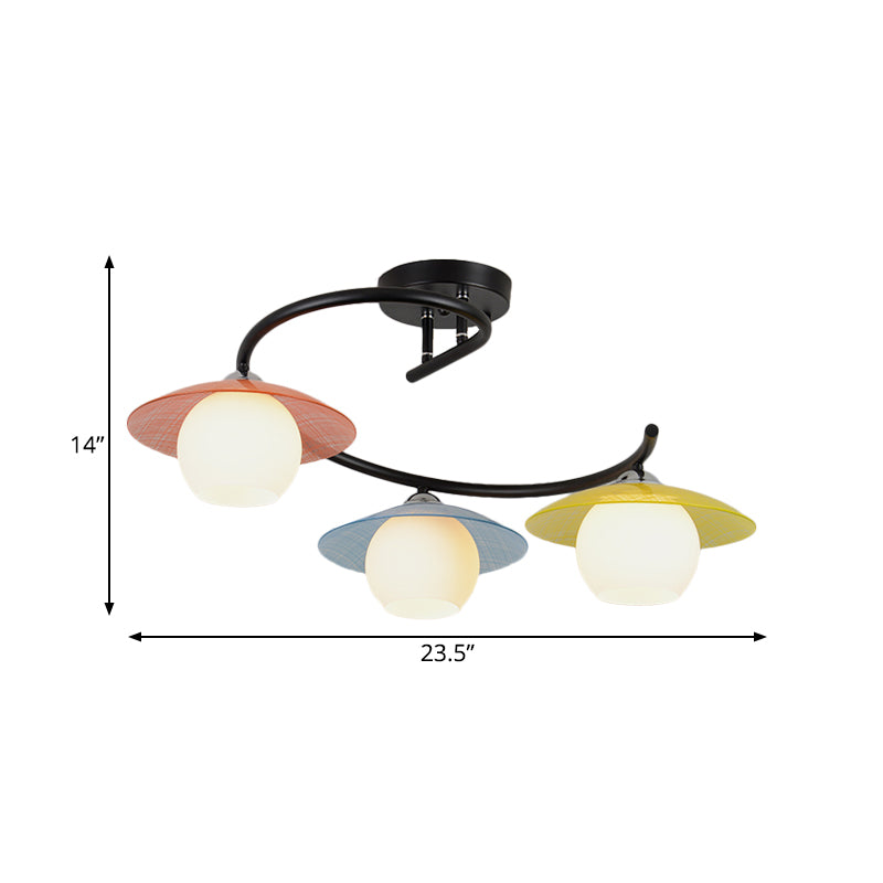 Macaron Swirled Iron Semi Flush Mount 3 Bulbs Ceiling Lighting in Black with Dome Glass Shade and Colored Saucer Cap