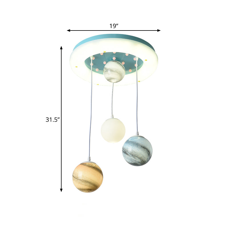 Stained Glass Planet Multi-Pendant Kids 4 Heads Blue Hanging Ceiling Light with Circle Glow Canopy