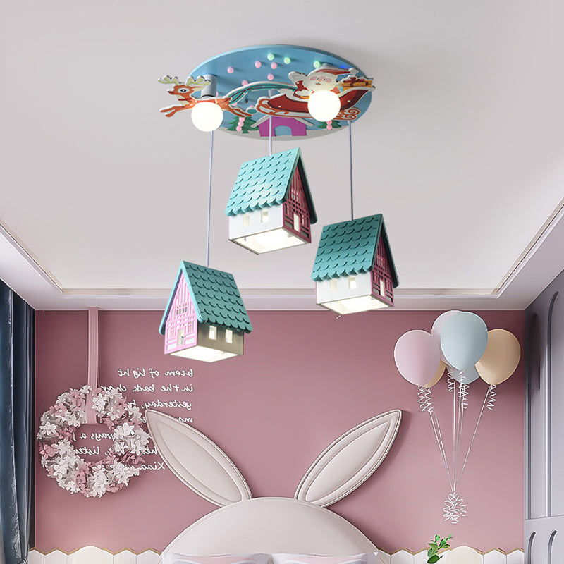 Blue Tile-Roof House Cluster Pendant Cartoon 5 Lights Wood Hanging Light Fixture for Kids Bedroom