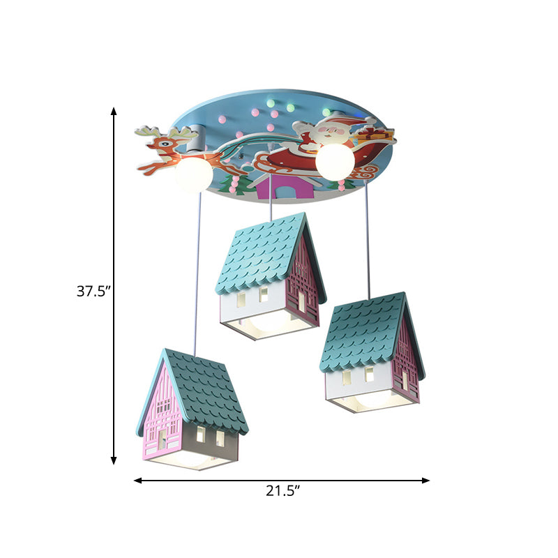 Blue Tile-Roof House Cluster Pendant Cartoon 5 Lights Wood Hanging Light Fixture for Kids Bedroom