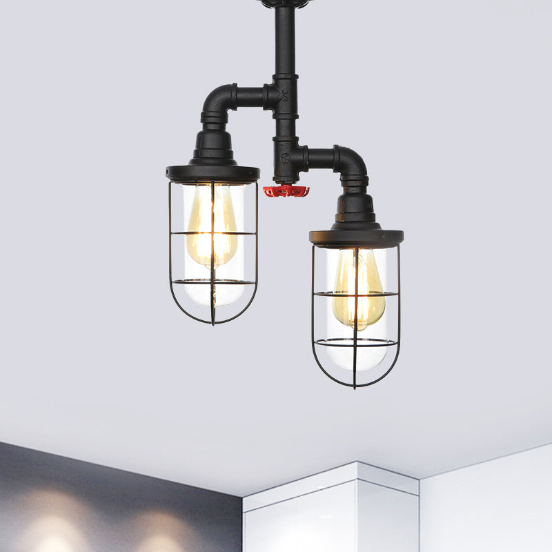 2-Bulbs Flushmount Bauernhaus Drahtkäfig Clear Glass Halbblus-Deckenbehandlung in Schwarz