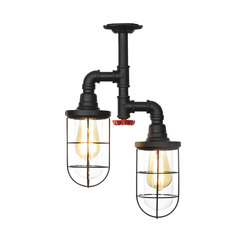 2-Bulbs Flushmount Farmhouse Wire Cage Clear Glass Semi-Flush Ceiling Fixture in Black