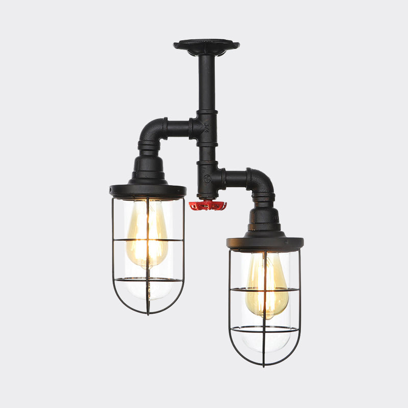 2-Bulbs Flushmount Farmhouse Wire Cage Clear Glass Semi-Flush Ceiling Fixture in Black